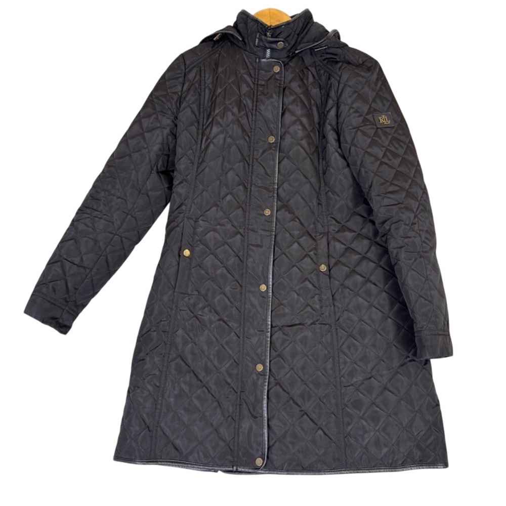 Lauren Ralph Lauren Black Quilted Long Coat Hooded Jacket Small LRL Logo